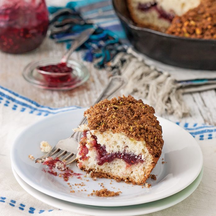 Raspberry Jam Coffee Cake with Pistachio Streusel