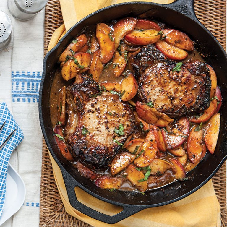 Bourbon Pork Chops with Grilled Peaches
