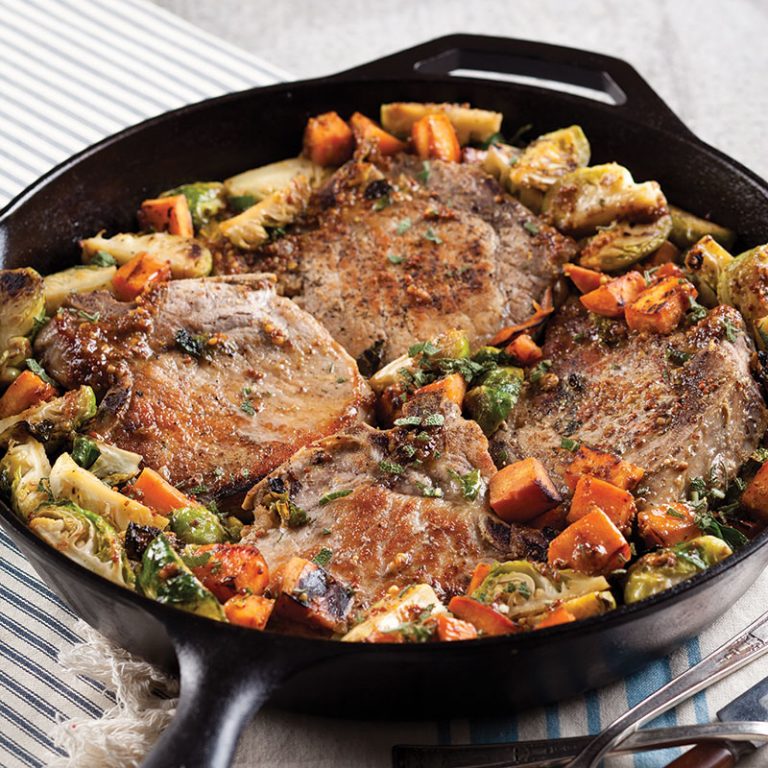 Roasted Pork Chops with Brussels Sprouts and Sweet Potatoes