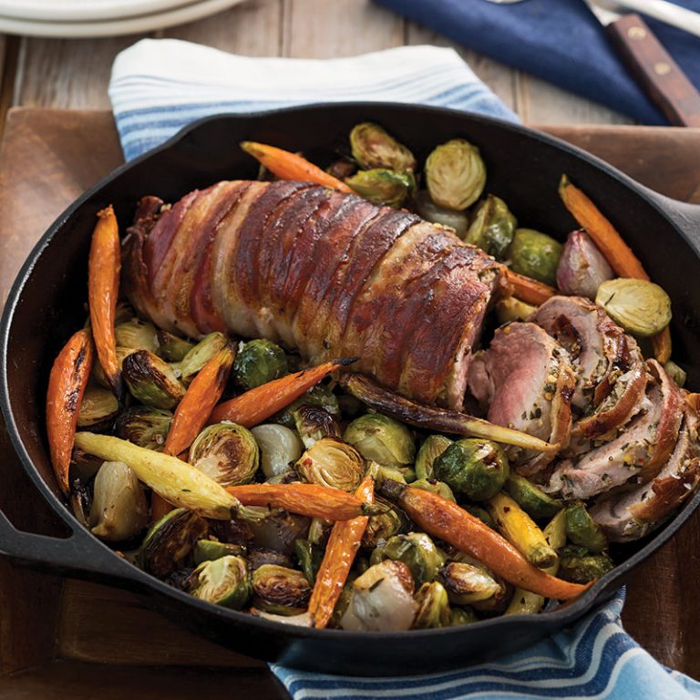 Bacon-Wrapped Pork with Roasted Vegetables