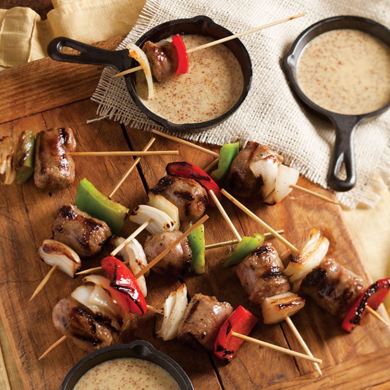 Grilled Sausage Skewers with Beer-Mustard Sauce