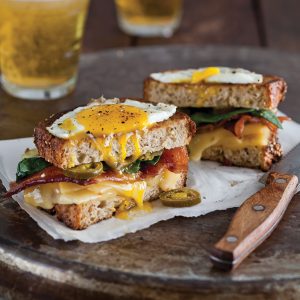 Grilled Cheese with Bacon, Spinach, Gouda, and Fried Egg