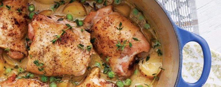 Braised Chicken with White Wine and Spring Peas
