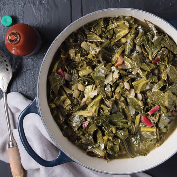 collards-web Three types of sturdy winter greens combine to give this soul-warming staple extra texture. Be sure to reserve 1 cup potlikker for Quick Red Beans and Rice.