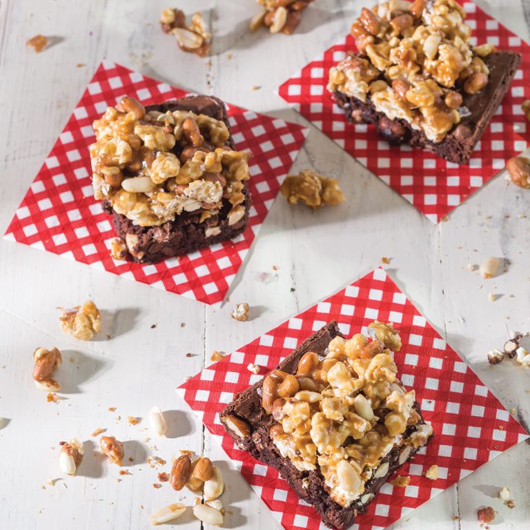 Caramel-Peanut Popcorn Brownies