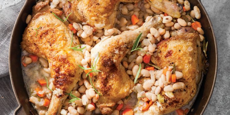Roasted Chicken Quarters with Braised White Beans