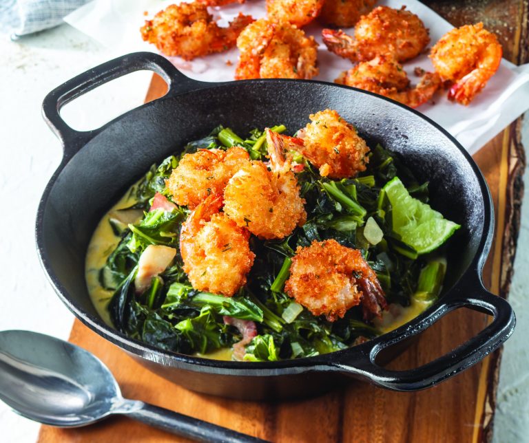 Fried Shrimp with Coconut Collard Greens