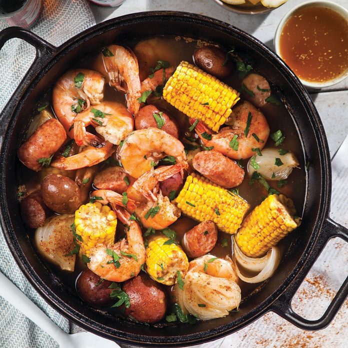 It wouldn’t be a proper lowcountry shrimp boil without the star of the show. This hands-on meal is often cooked in a much larger pot, but we’ve downsized this crowd favorite to fit in your trusty Dutch oven.