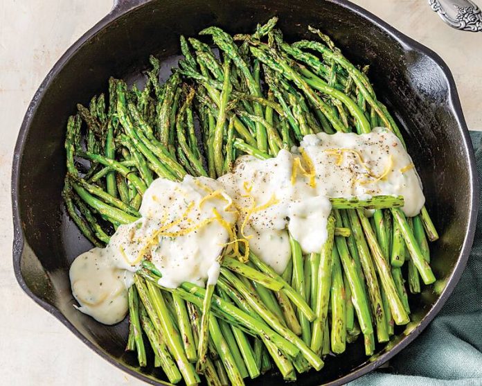 Blistered Asparagus with Herbed Cream Sauce