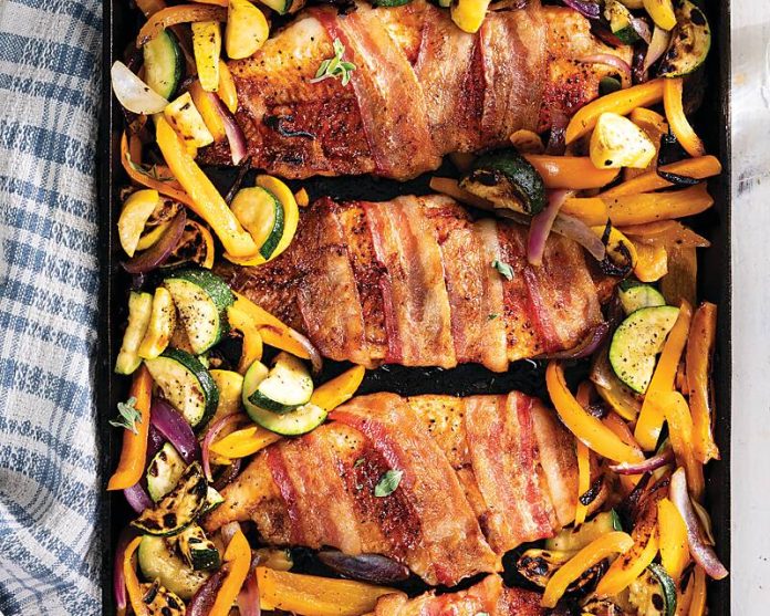 Bacon-Wrapped Catfish and Summer Vegetables