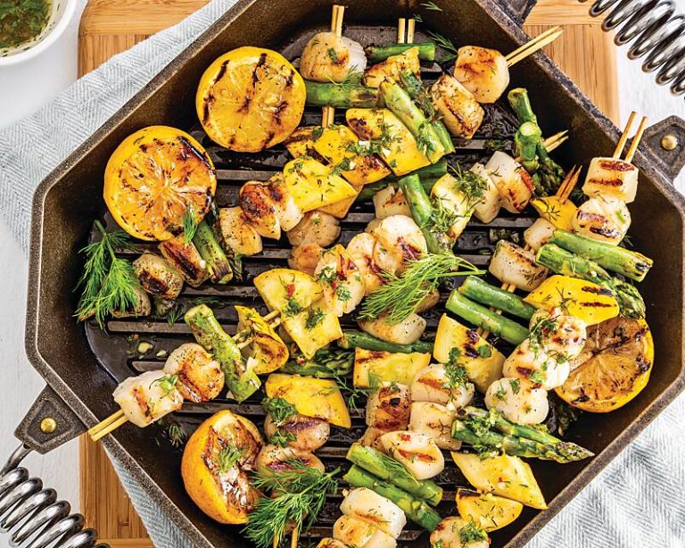 Lemon-Dill Scallop, Asparagus, and Squash Kabobs