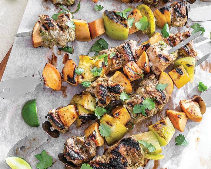 Jerk-Spiced Pork, Peach, and Green Tomato Kabobs