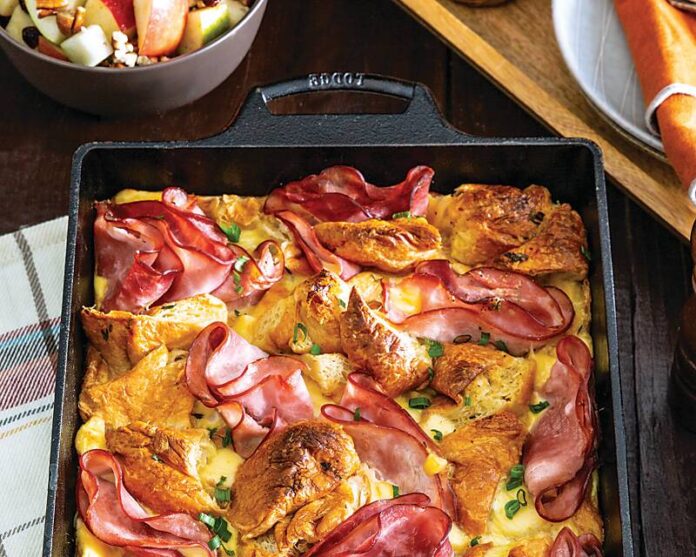 Ham and Cheese Croissant Bread Pudding served with winter salad