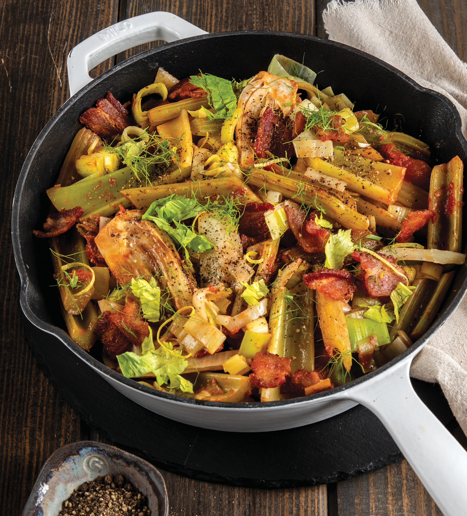 Tomato-Braised Celery, Fennel, and Leek