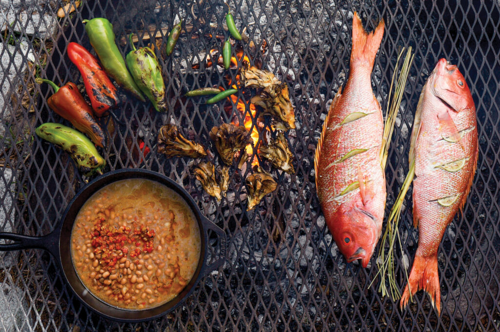 Grilling fish, vegetables, and cast iron with beans