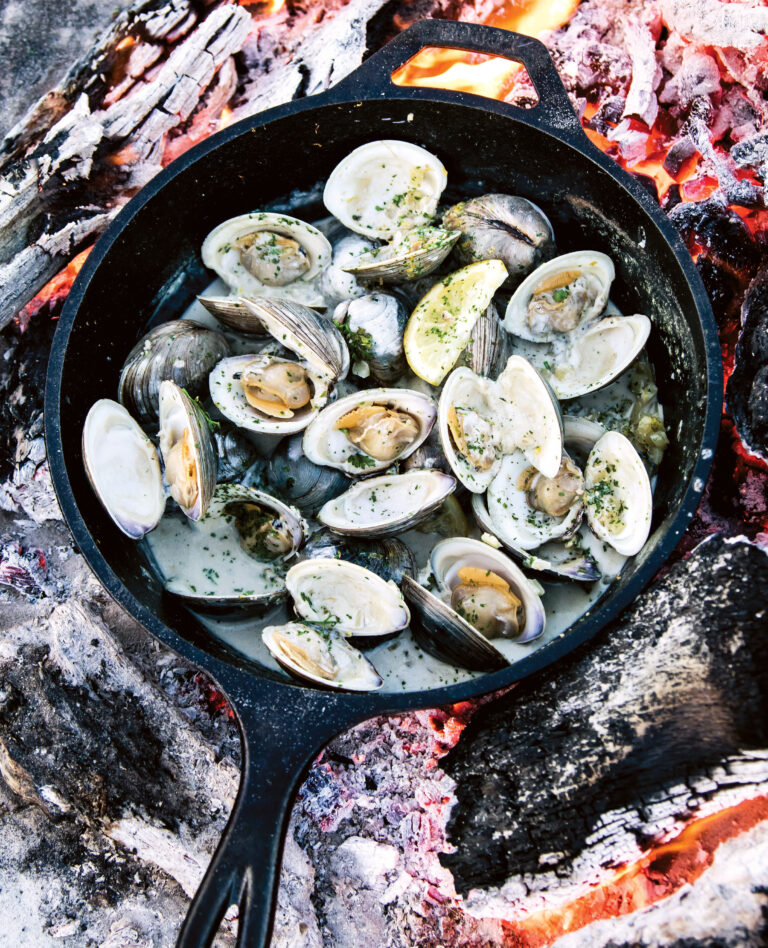 Whitney Otawka's woodfire Clams with fennel and lemon in a skillet on an open fire pit