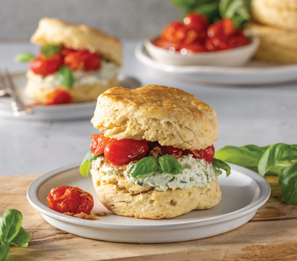 Cornmeal Shortcakes with Creamy Herbed Cheese and Roasted Tomatoes