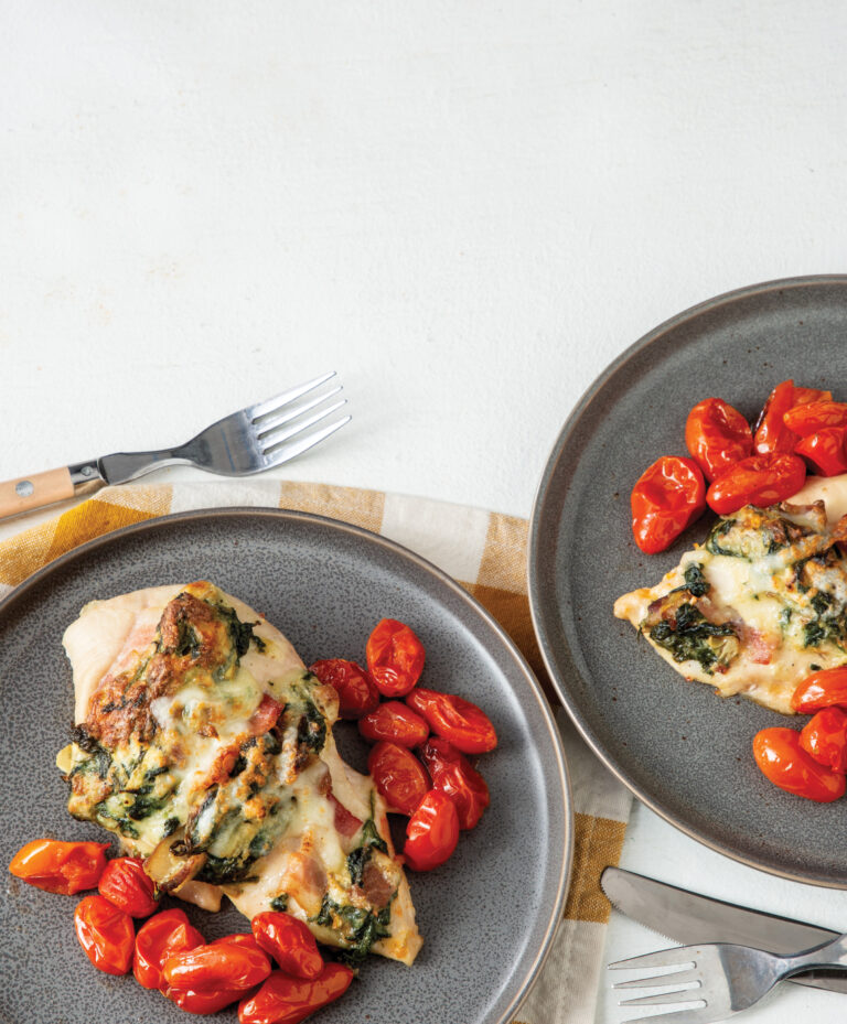 Bacon-Spinach Hasselback Chicken and Roasted Tomatoes