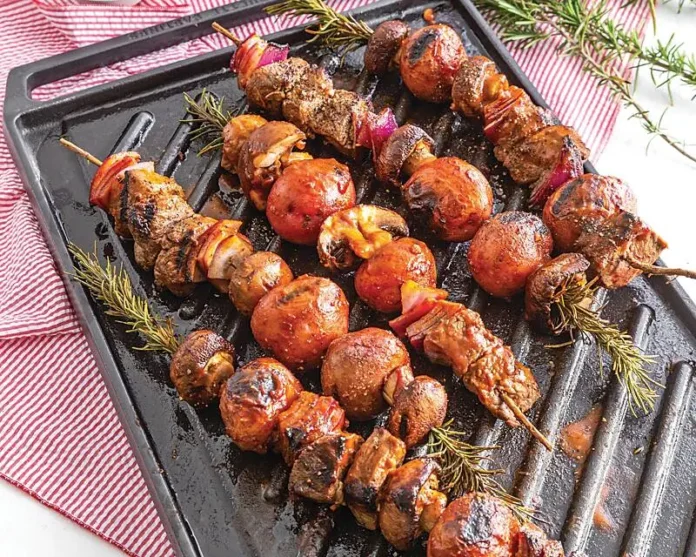 Whiskey-Glazed Steak, Mushroom, and Potato Kabobs