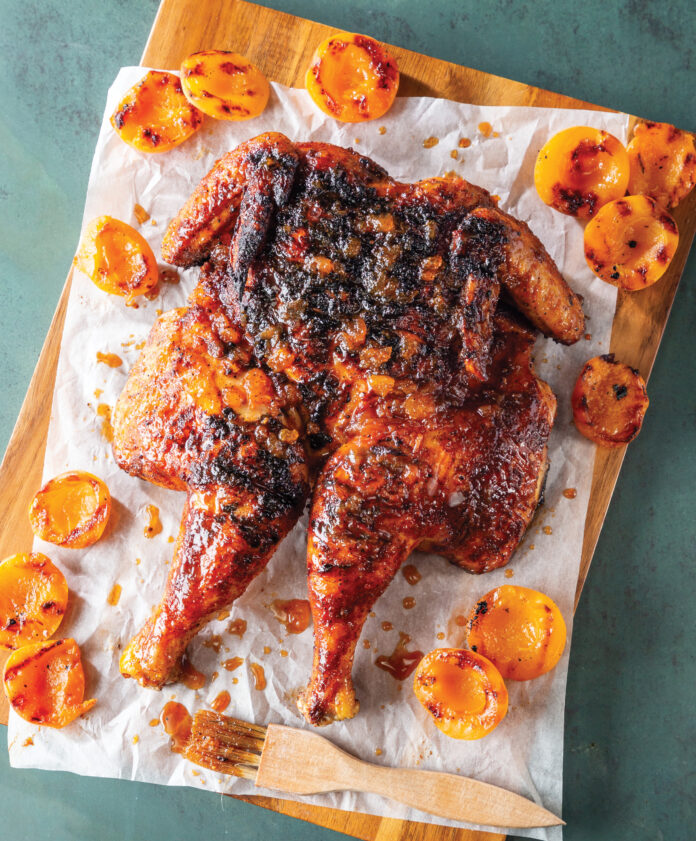 Grilled Apricot-Chipotle Spatchcock Chicken made on a grill pan