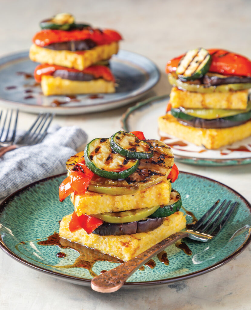 Grilled Veggie and Grit Cakes Stack