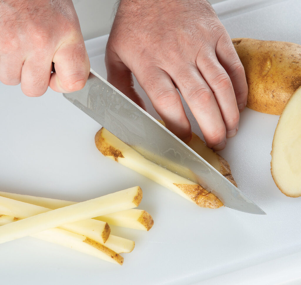 Step 1. Cut: For even cooking, be sure to cut the potatoes to the same thickness.