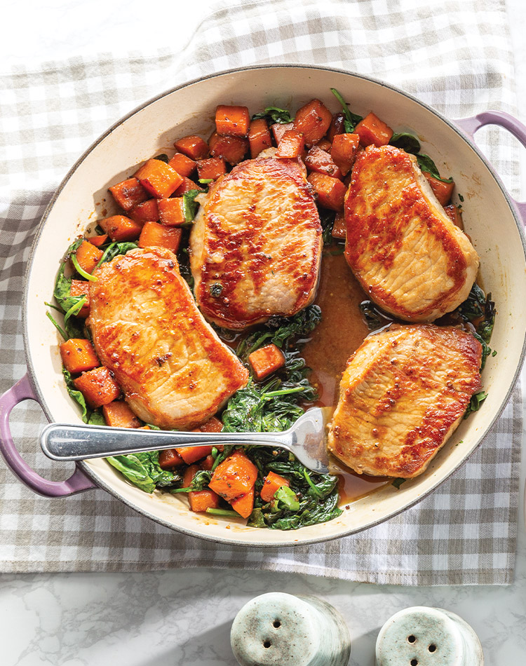 Maple-Glazed Pork Chops with Sweet Potatoes and Garlic Spinach