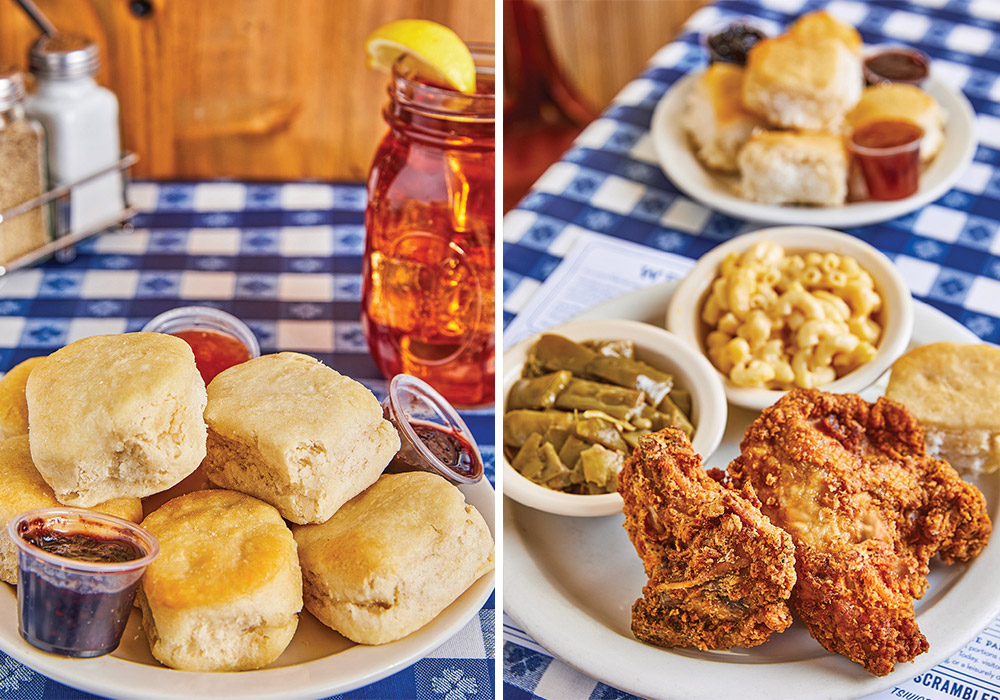 Left: Biscuits and Sweet Tea. Right: Fried chicken and sides. Both served up at Scott Peck's Loveless Cafe!
