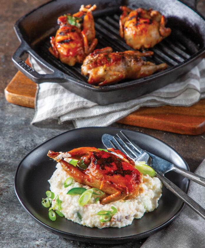 Glazed Quail with Jalapeño Popper Grits
