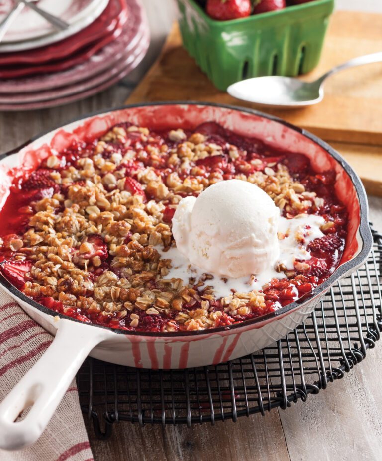 A Strawberry Crumble is a spring recipe we can’t wait to make: so we did it anyway! Golden brown oats and brown sugar, bubbly strawberries, and a scoop of ice cream to mellow everything out.