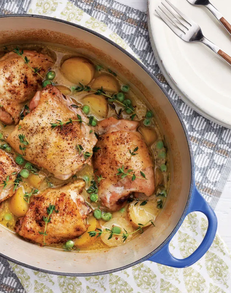Braised Chicken Thighs with White Wine and Spring Peas