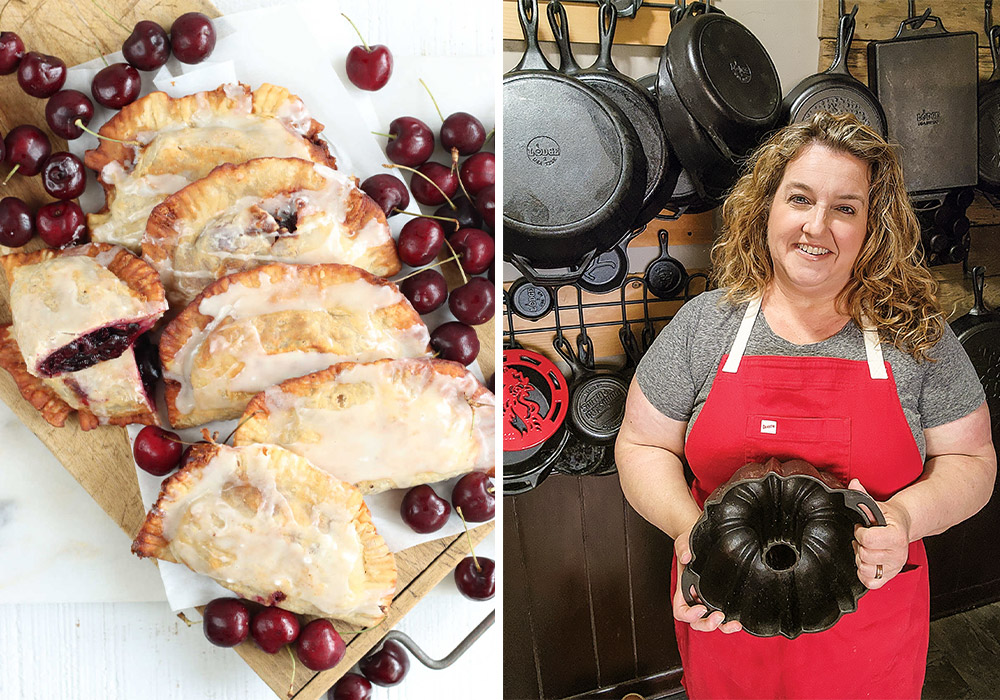 A batch of Cherry Hand Pies displayed next to a portrait of their chef, Jessica Robinson.