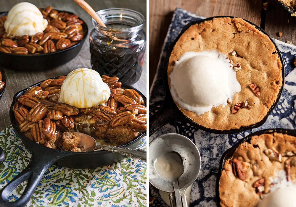 Brown Butter and Pecan Blondies next to Butterscotch-Pecan skillet cookies