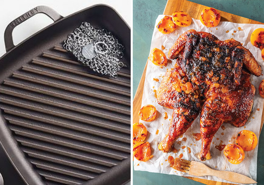 Smithey No. 12 Grill Pan pictured next to our Chipotle-Apricot Spatchcocked Chicken