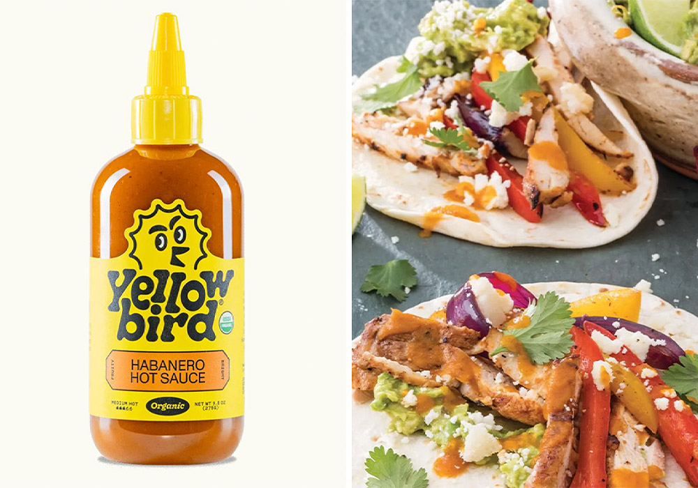 Yellowbird Habanero Hot Sauce next to Spicy Chicken Fajitas.